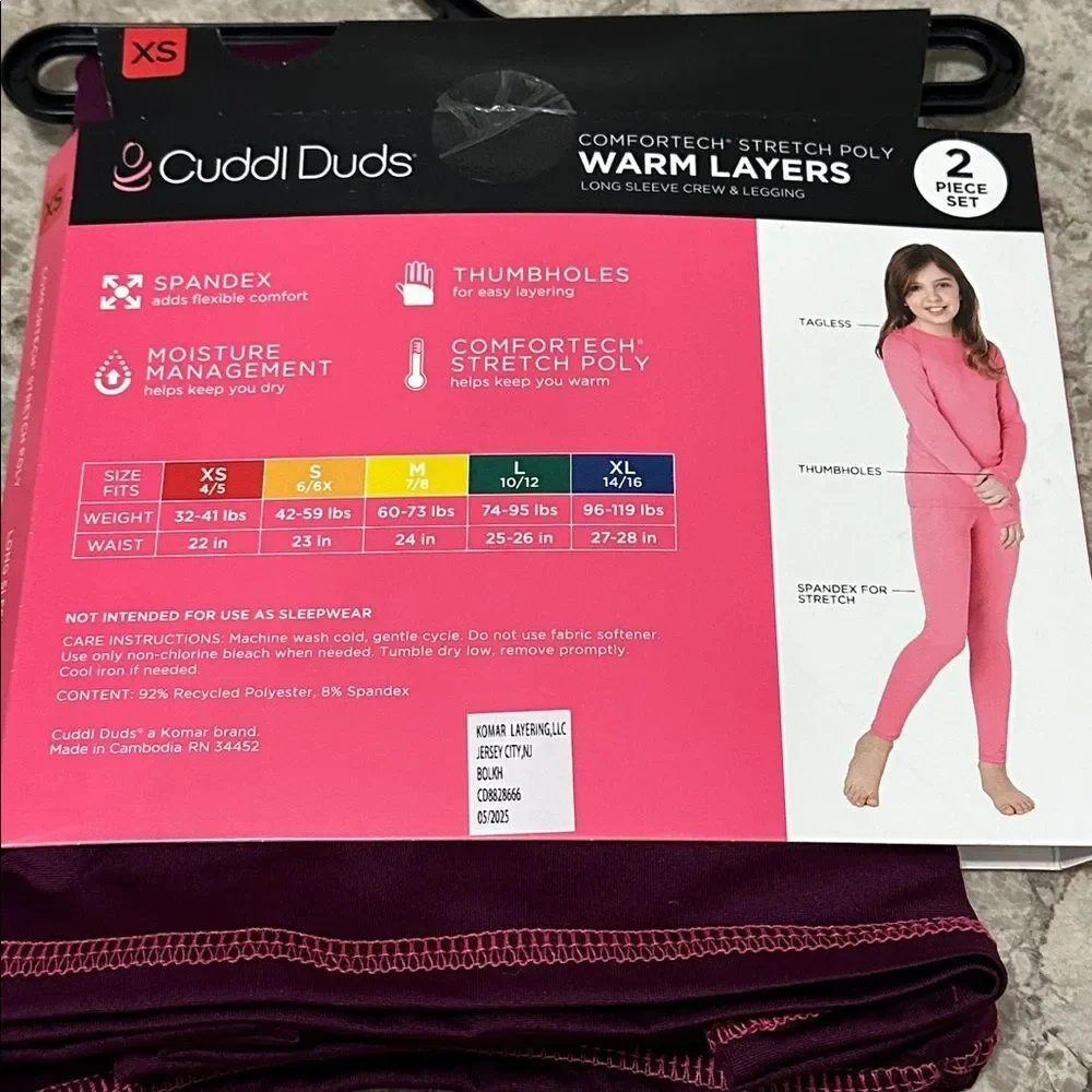 Cuddl Duds Warm Layers 2pc Base Layer Set NEW Comfort Stretch Purple XS 4/5